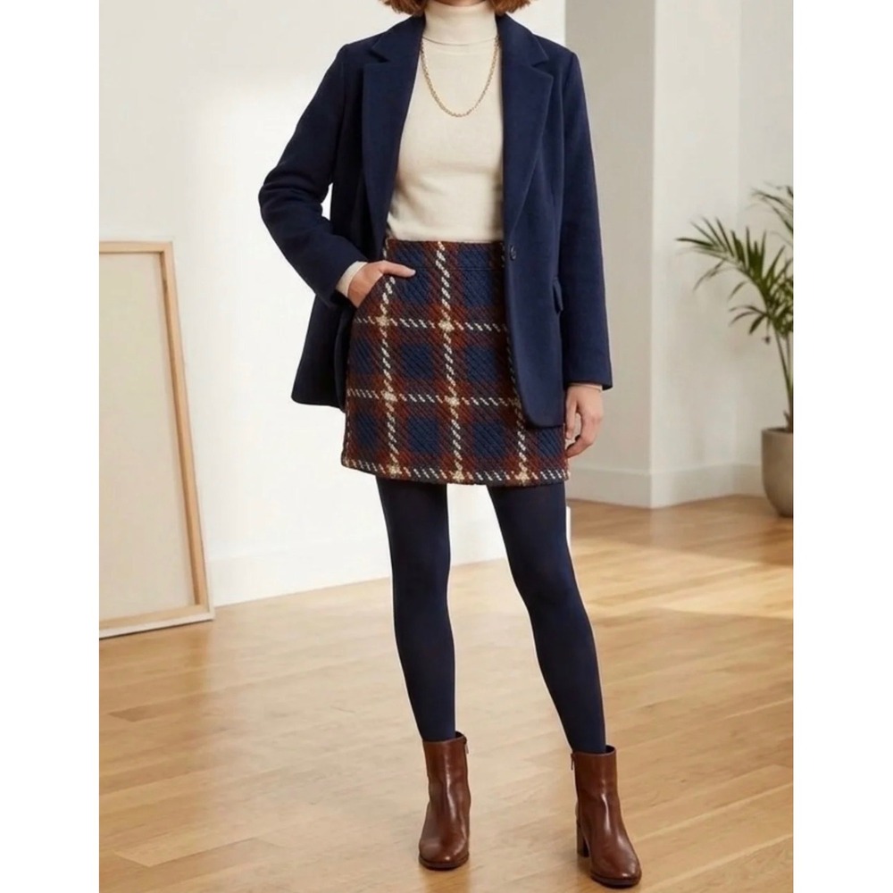 English Factory Plaid Tweed Basketweave Mini Skirt Navy Burgundy Size Large NWT